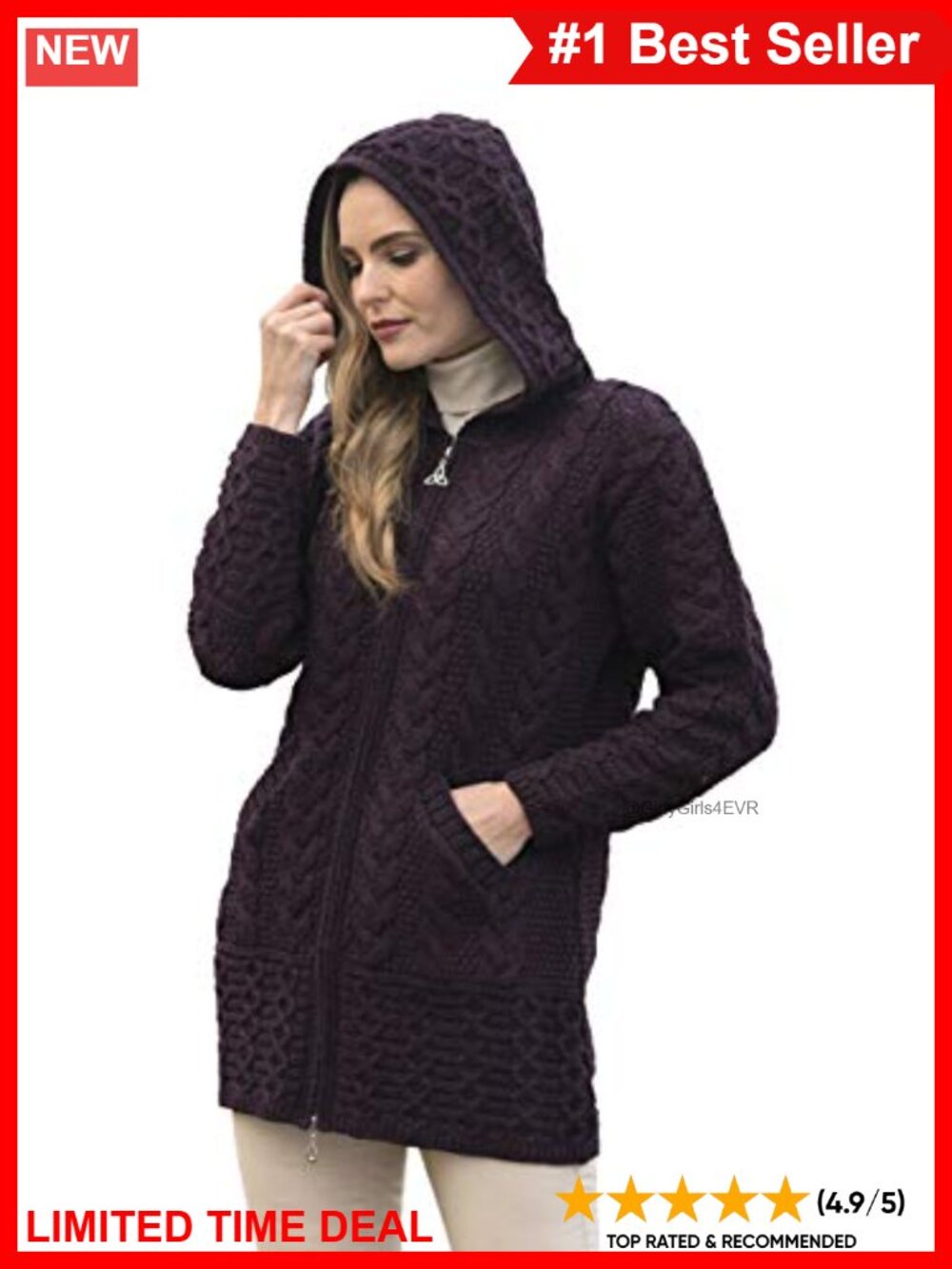 Merino Wool Cable Knit Hooded Coat 3/4 Length Irish
